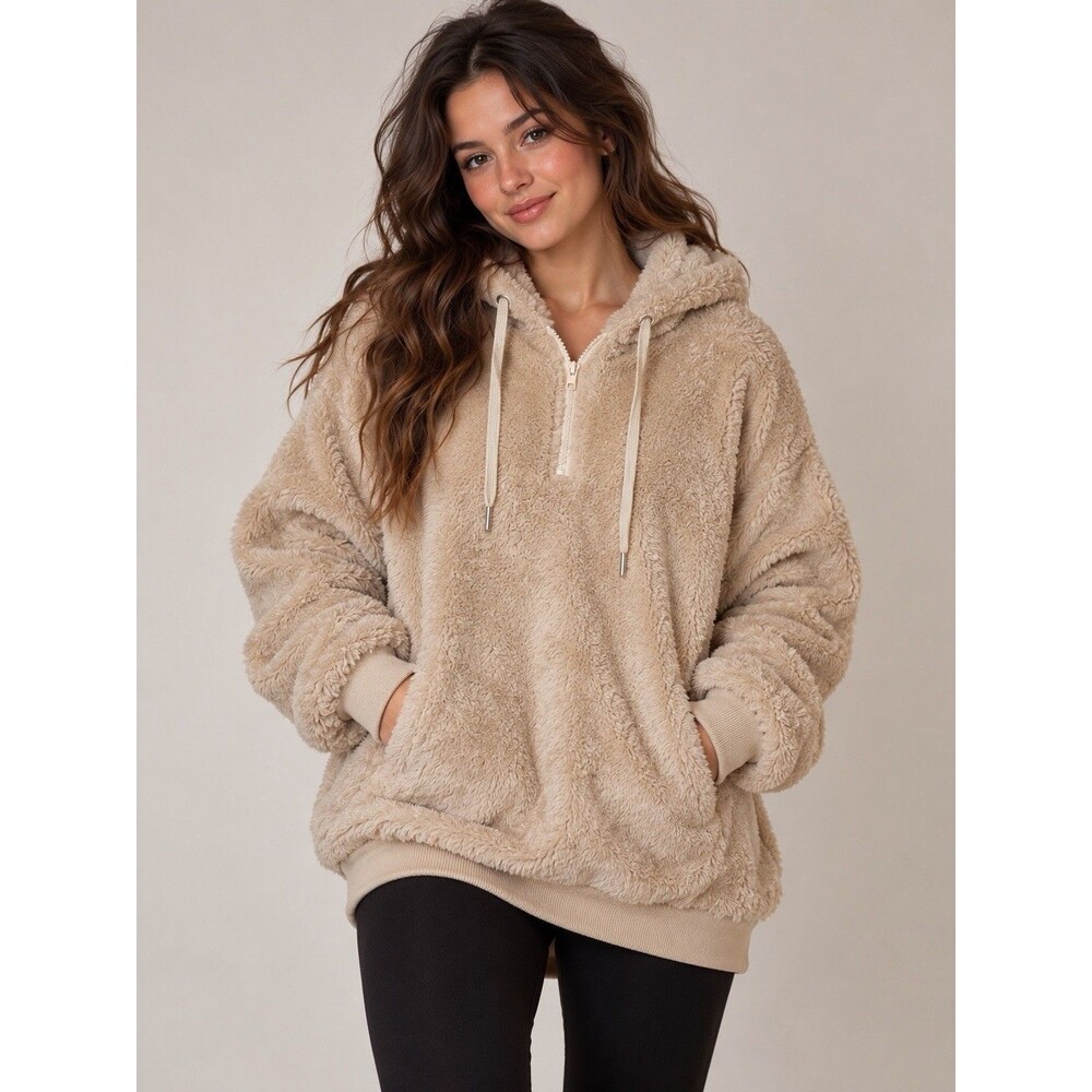 Unbranded Beige Sherpa Fleece Quarter Zip Hoodie Pullover Cozy Teddy